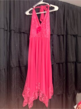 Y2K Hot Pink Lace Halter Midi Dress